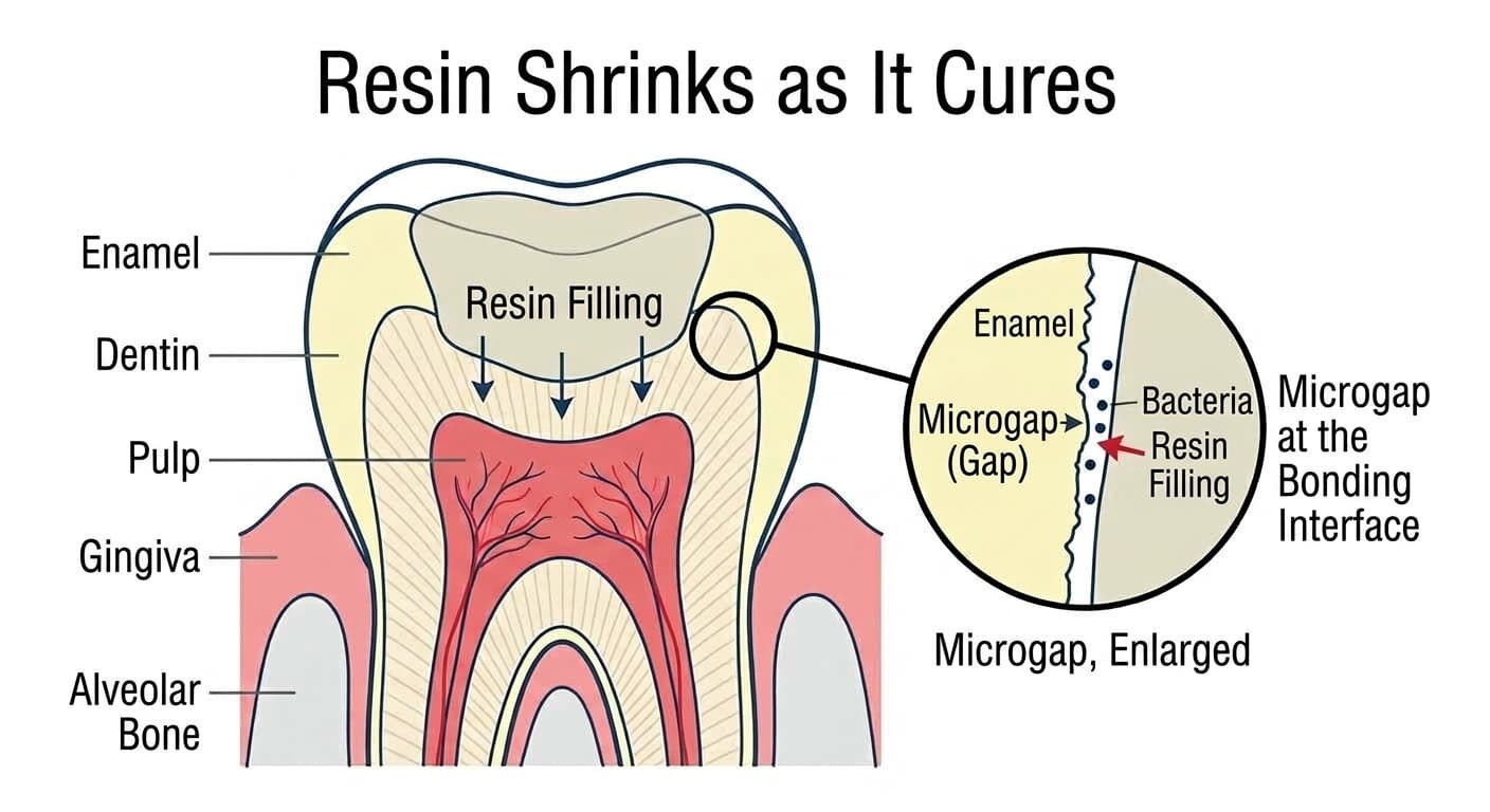 Illustration showing how resin shrinkage during curing creates a microscopic gap at the interface between tooth and resin, through which bacteria can pass