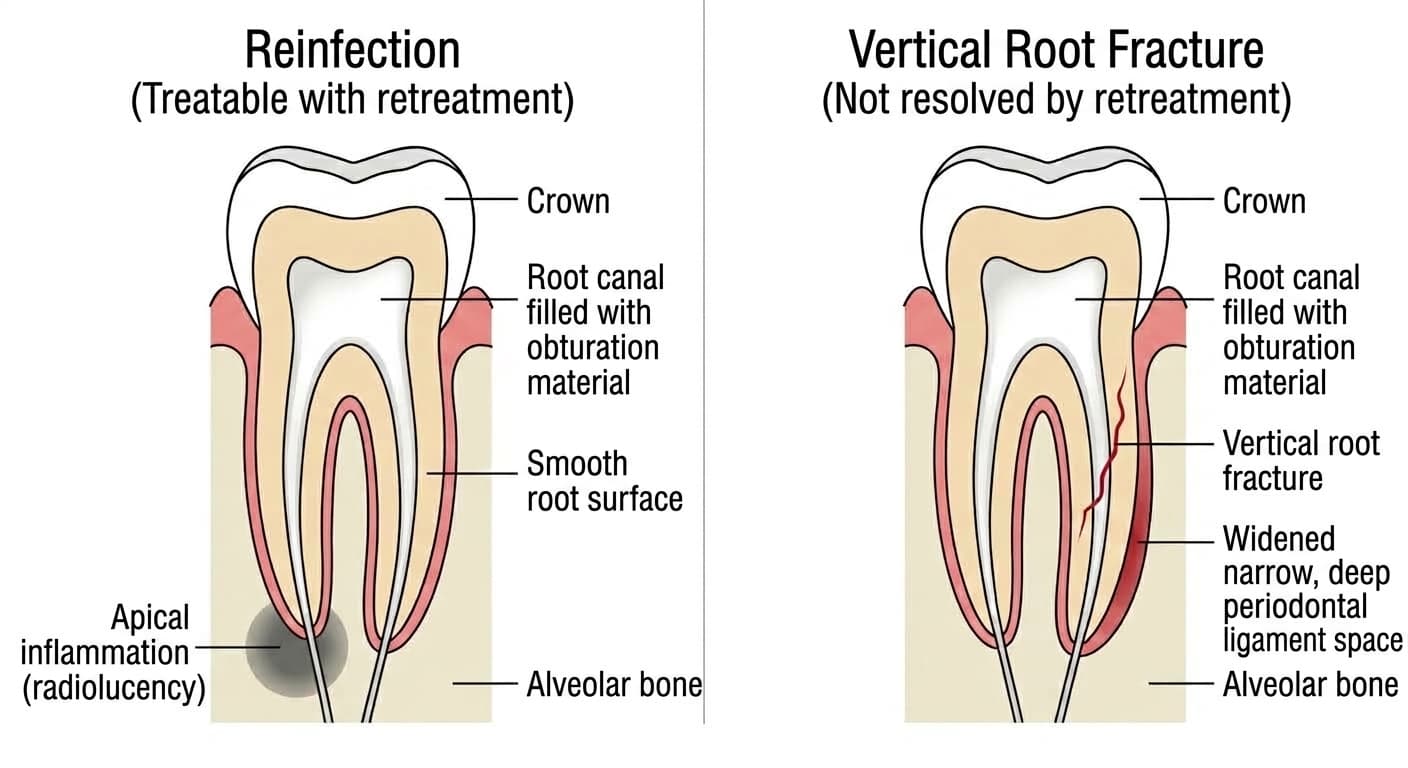 Cross-section comparing a tooth with apical inflammation from reinfection to a tooth with a vertical root fracture, a lengthwise crack in the root
