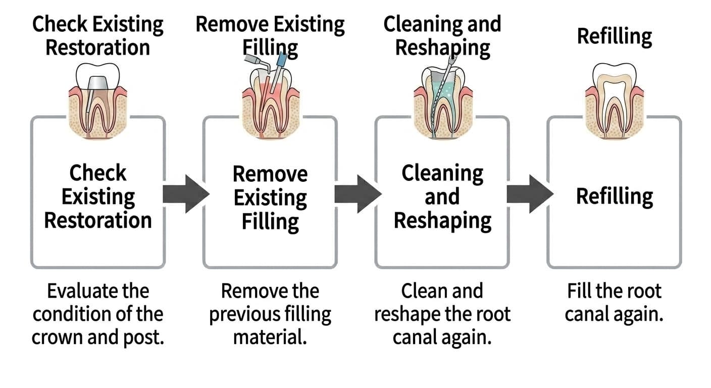 Diagram showing the process of retreating a root-canaled tooth in four steps: checking the existing restoration, removing the existing filling, cleaning and reshaping, and refilling
