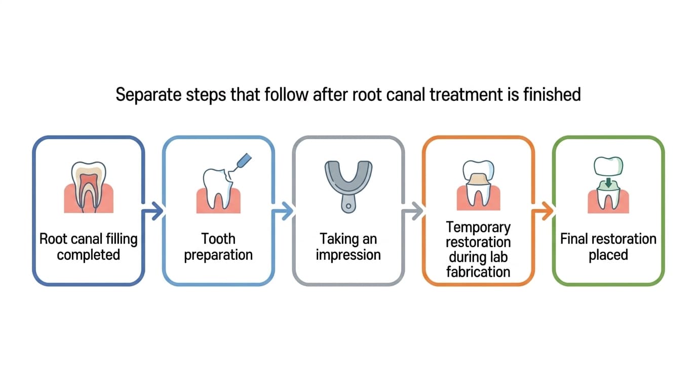 Flowchart showing the separate steps that follow after root canal treatment is finished. The sequence proceeds from root canal filling completed, to tooth preparation, to taking an impression, to wearing a temporary restoration during the lab fabrication period, to placing the finished restoration