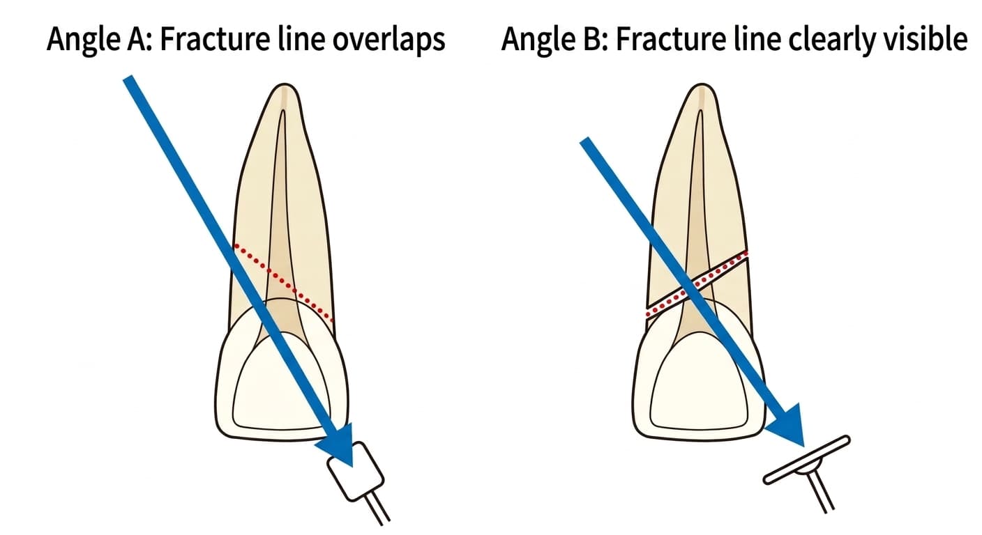 Illustration comparing how an oblique root fracture line appears overlapped or clearly visible depending on the X-ray angle