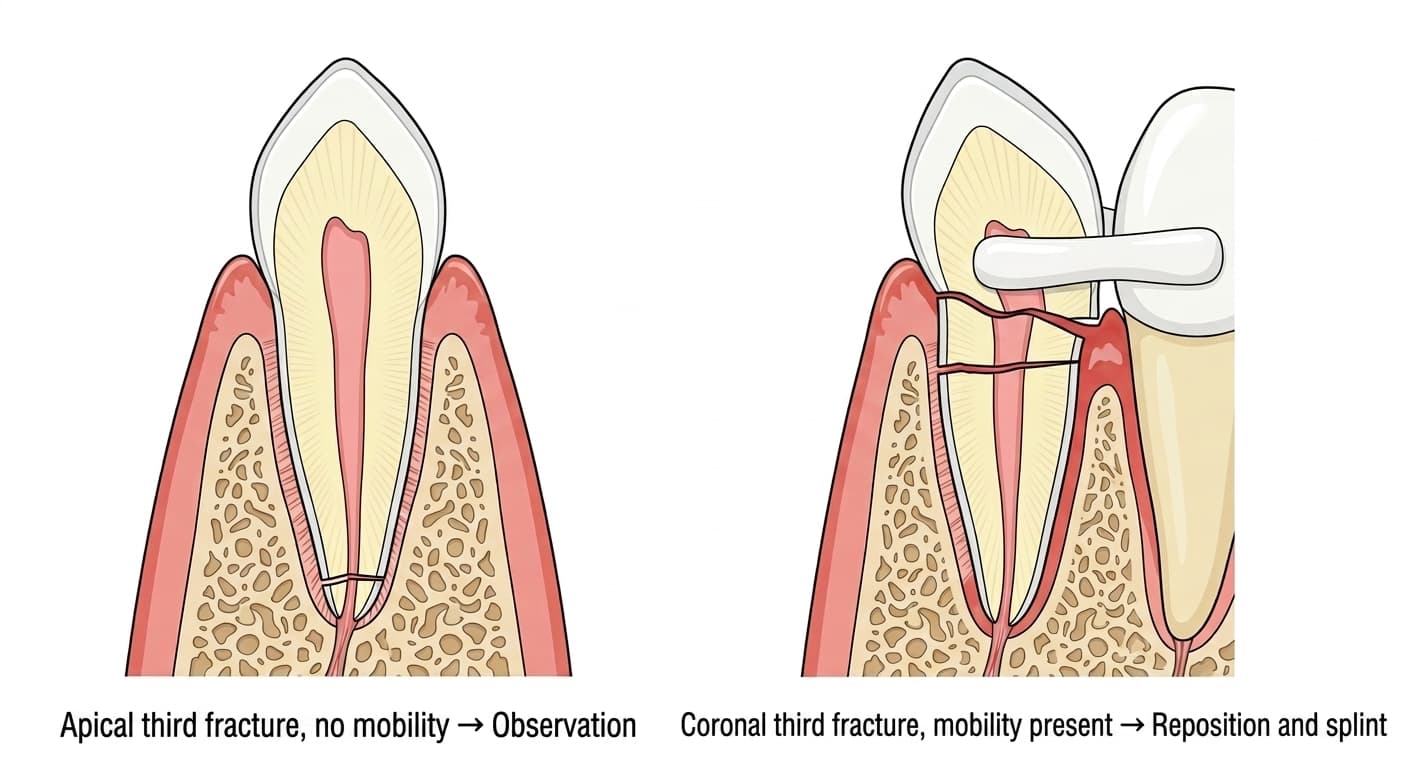 Illustration comparing how treatment differs depending on whether the root fracture is near the root tip or near the crown