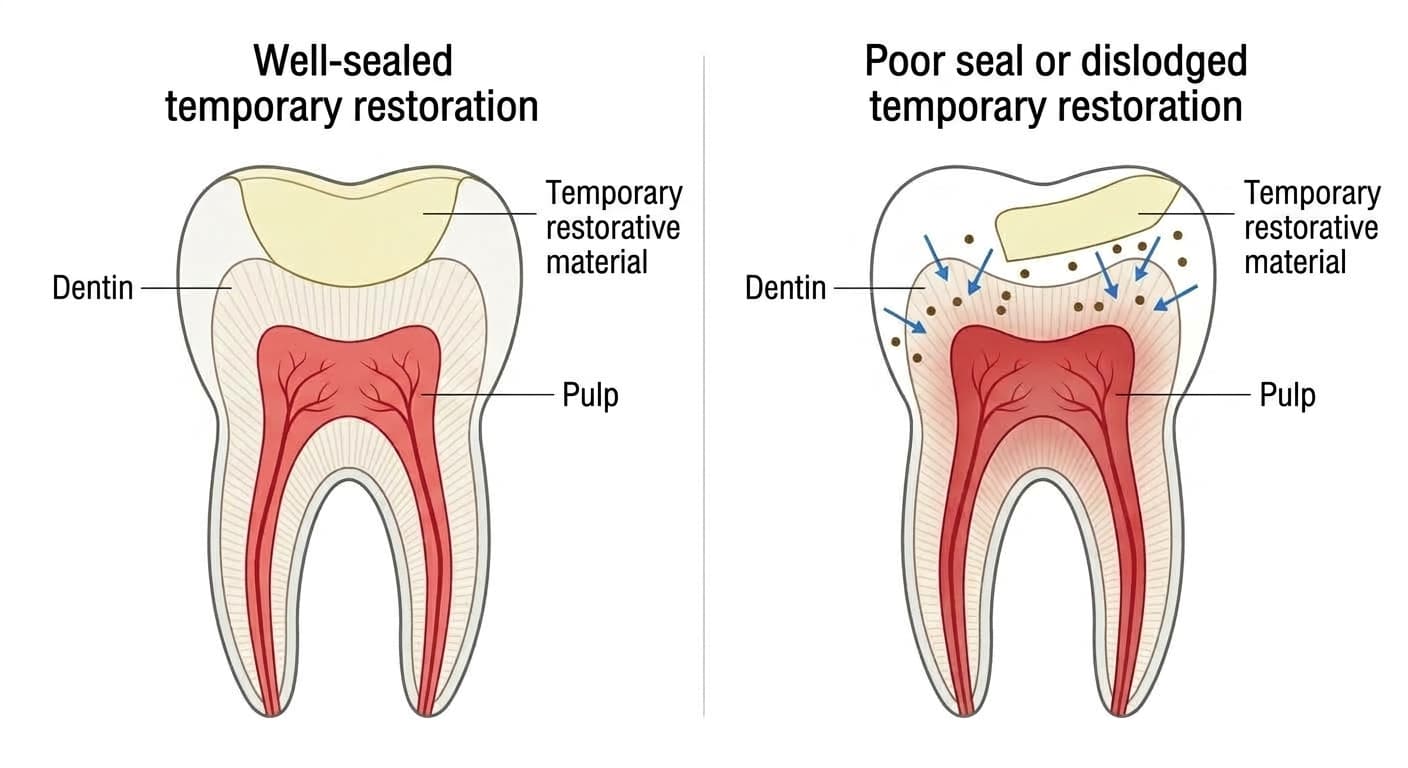 A side-by-side comparison showing a temporary restoration well sealed at the margin versus one with a lifted margin exposing the dentin, illustrating the difference in risk of irritation and bacterial invasion