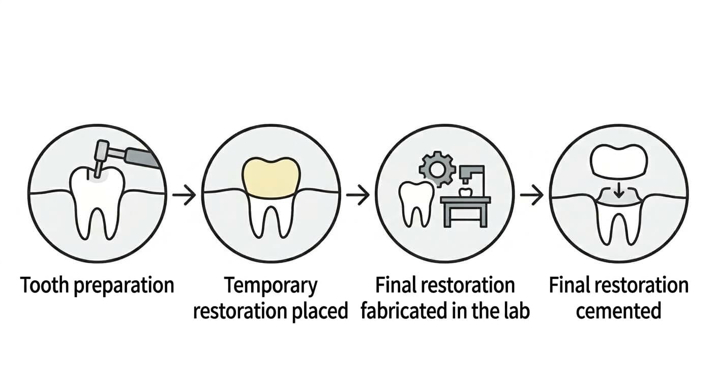A diagram showing the four-step process from tooth preparation, to placing a temporary restoration, to fabricating the final restoration in the lab, to cementing the final restoration