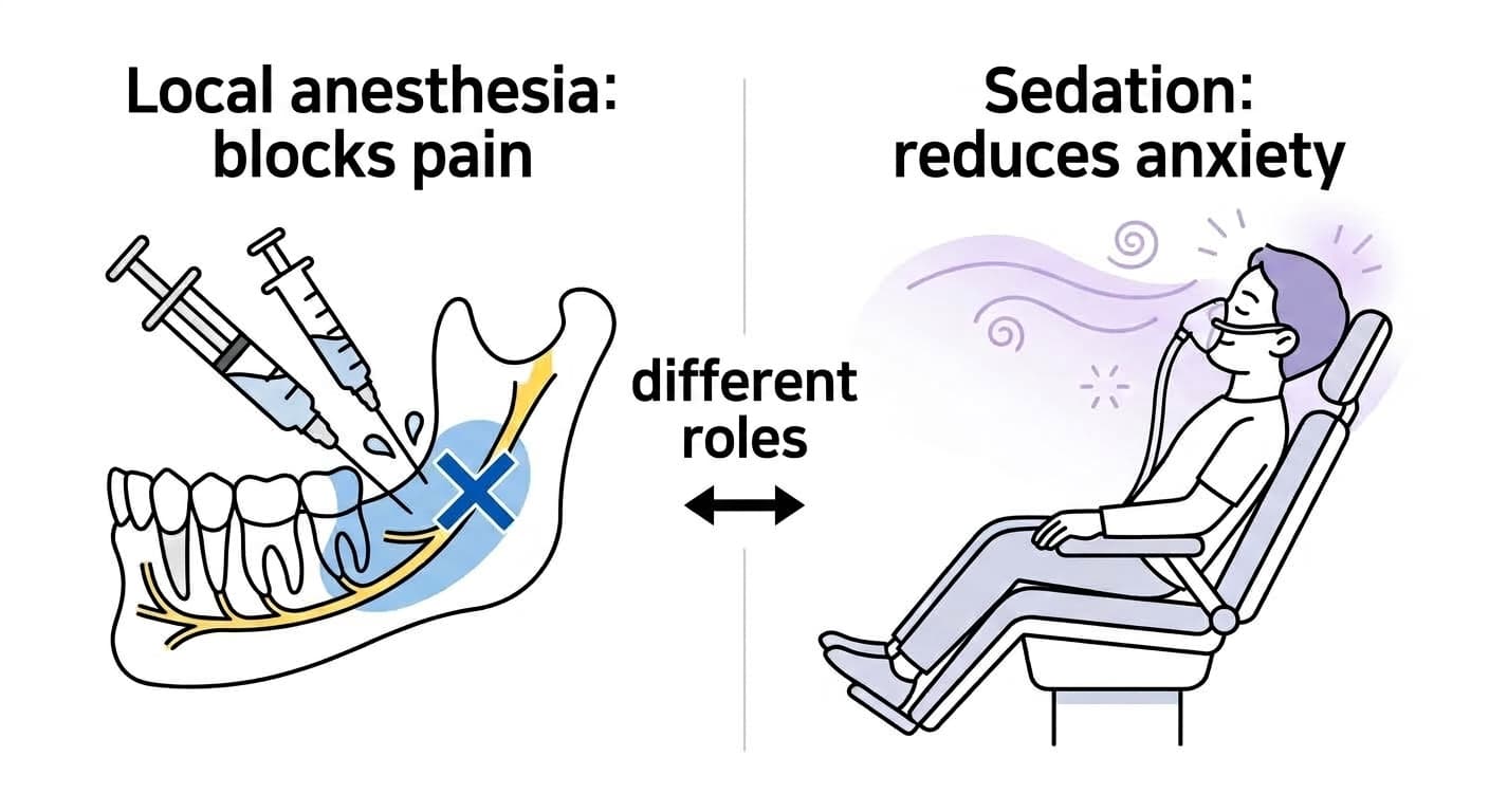 Two-panel comparison illustration showing that local anesthesia blocks pain by numbing the area around the lower jaw nerve, while sedation reduces anxiety through gas inhaled via a mask