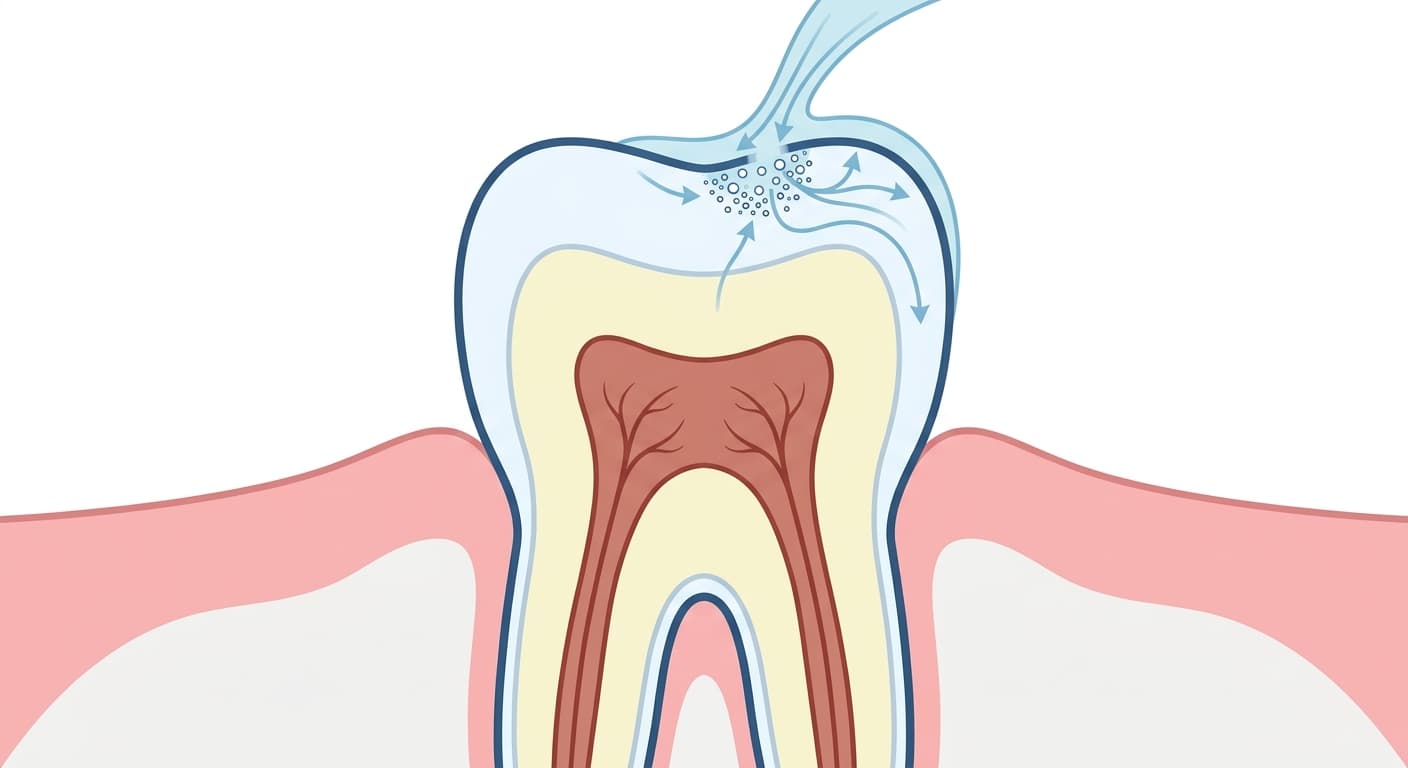 In a tooth cross-section illustration, clear resin flows into and fills small pores within the enamel