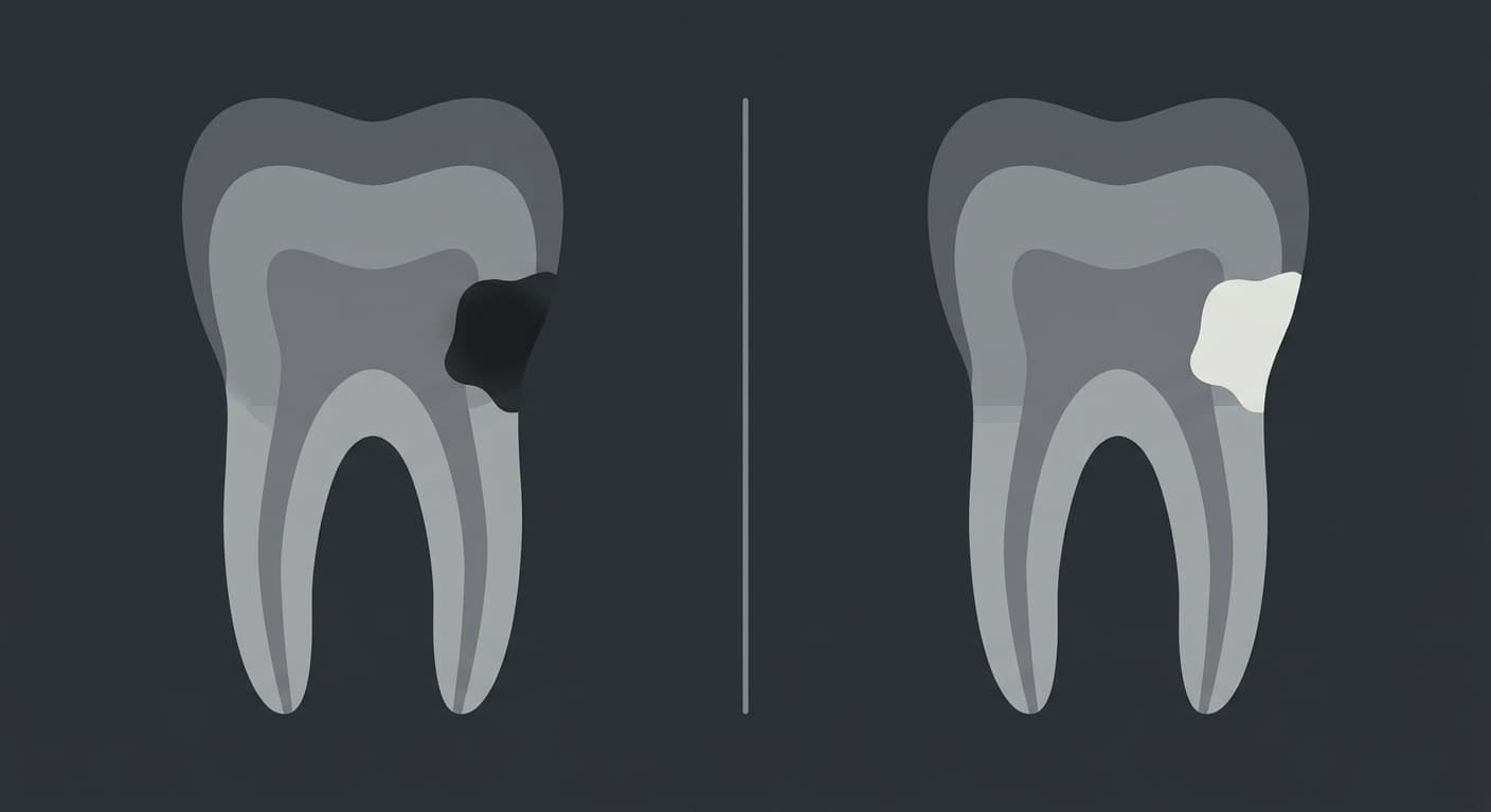 In an illustration placing two X-ray images side by side, the filled spot on the left tooth is dark while the filled spot on the right tooth is bright white