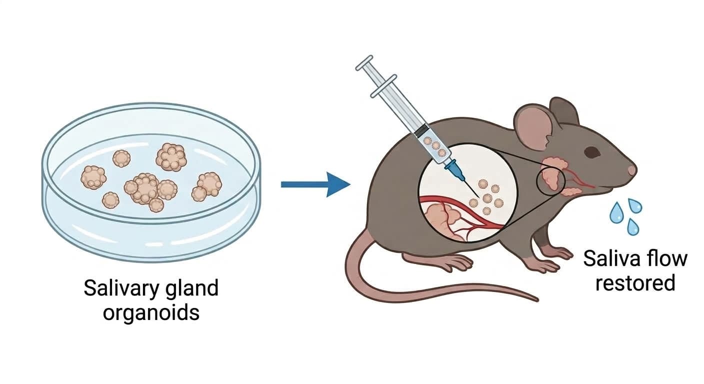 Illustration showing salivary gland organoids grown in a culture dish, then transplanted into a mouse's salivary gland region to restore saliva secretion