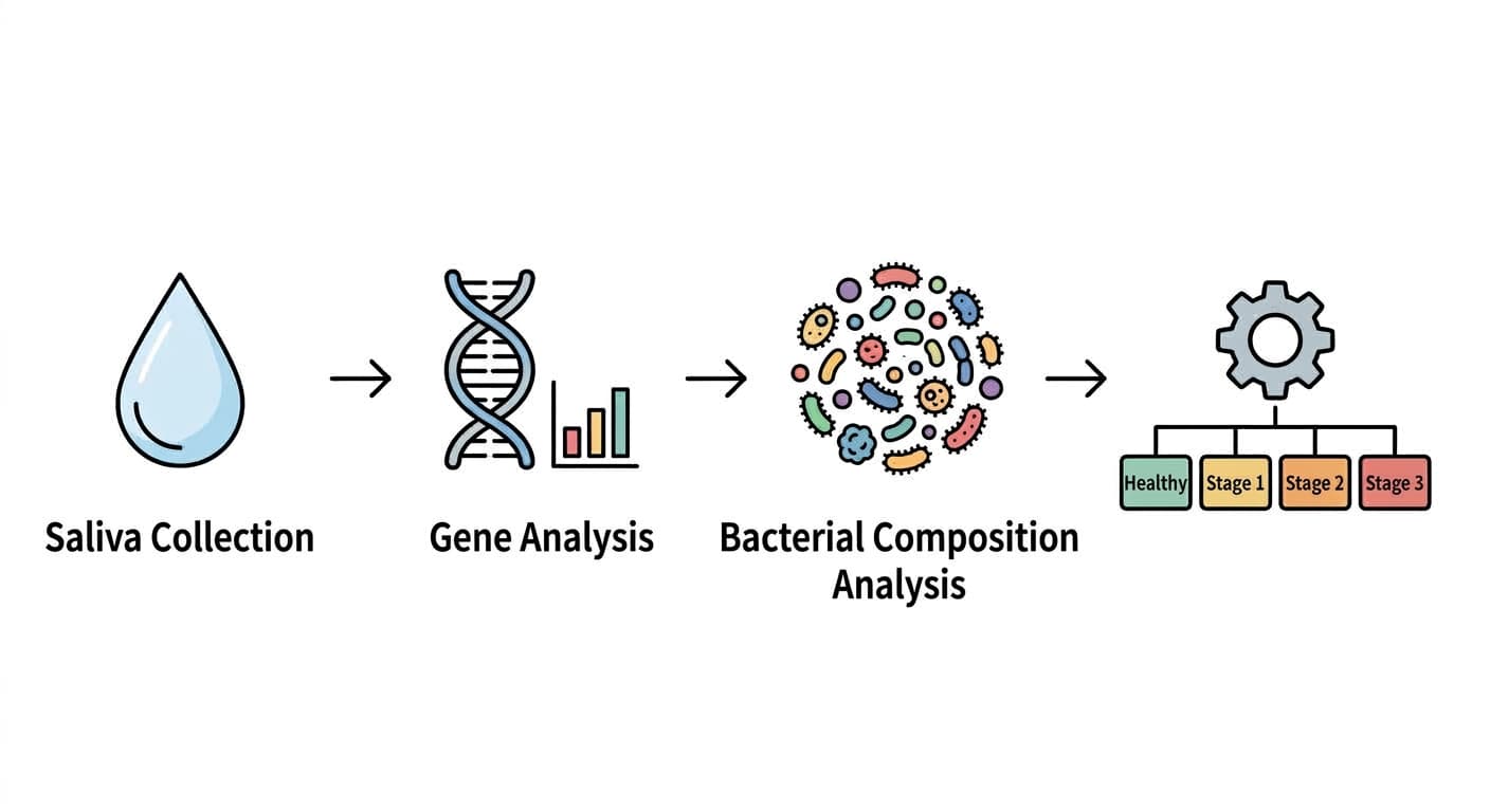 Flow diagram showing the process from saliva collection through gene analysis and bacterial composition analysis to classification as healthy, Stage 1, Stage 2, or Stage 3.