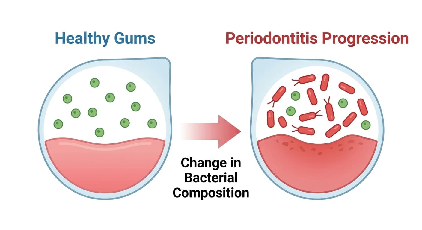Illustration comparing changes in bacterial composition between healthy gums and gums with progressed periodontitis. The healthy side shows green bacteria evenly spread out, while the periodontitis side shows a large increase in red bacteria.