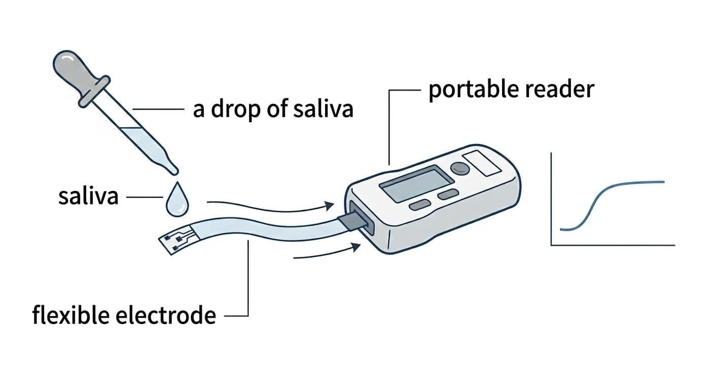 Illustration showing a drop of saliva placed on a flexible electrode and read by a portable reader