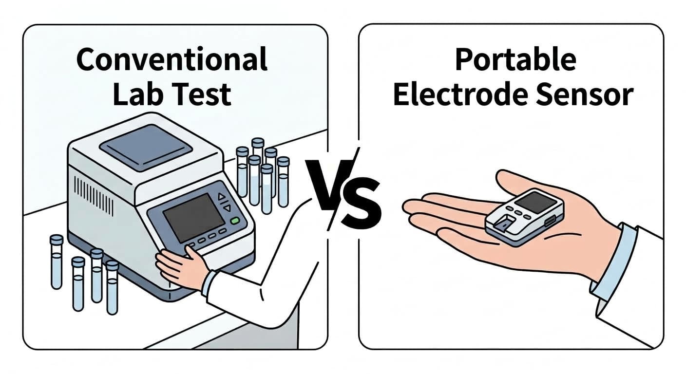 Illustration comparing a conventional lab-based gene amplification test device with a portable electrode sensor that fits on a palm