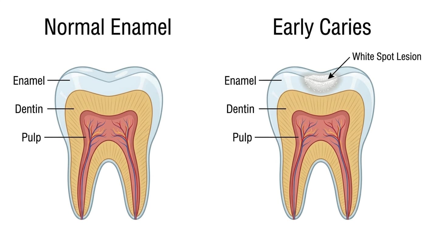 Comparison of tooth cross-sections showing normal enamel versus early caries (white spot lesion). In early caries, there is a white area just beneath the enamel surface where minerals have leached out