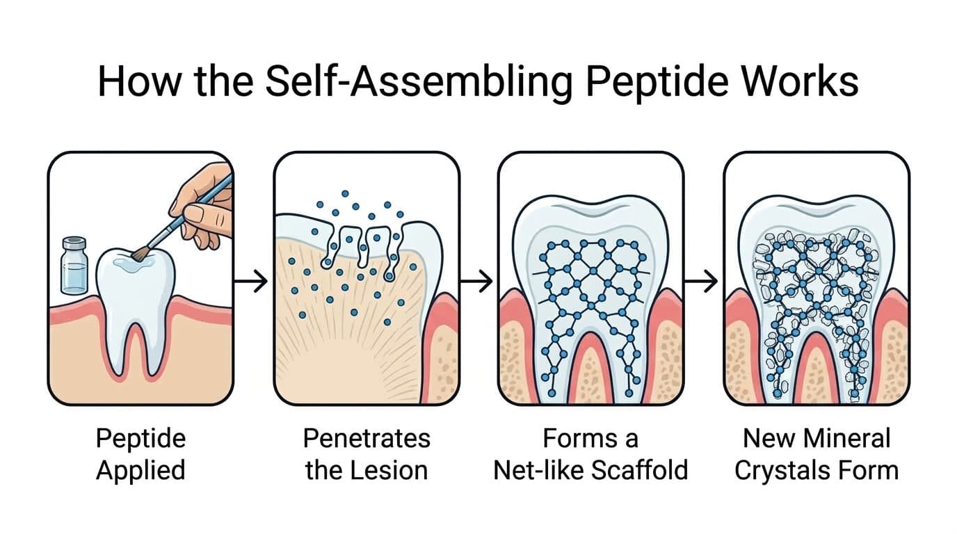 Four-step process showing how the self-assembling peptide acts on a tooth lesion: application, penetration into the lesion, formation of a net-like scaffold, and growth of new mineral crystals
