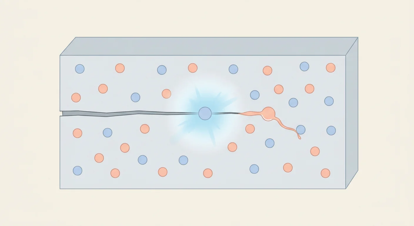 A cross-section diagram of small two-colored capsules scattered inside a resin block meeting a crack across the middle, where one capsule emits light and the other releases liquid to seal it