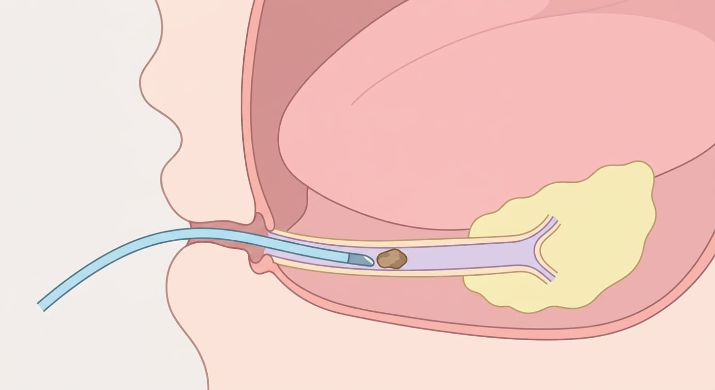 Cross-sectional view of the mouth showing a thin endoscope inside the salivary duct between the tongue and salivary gland, reaching a stone