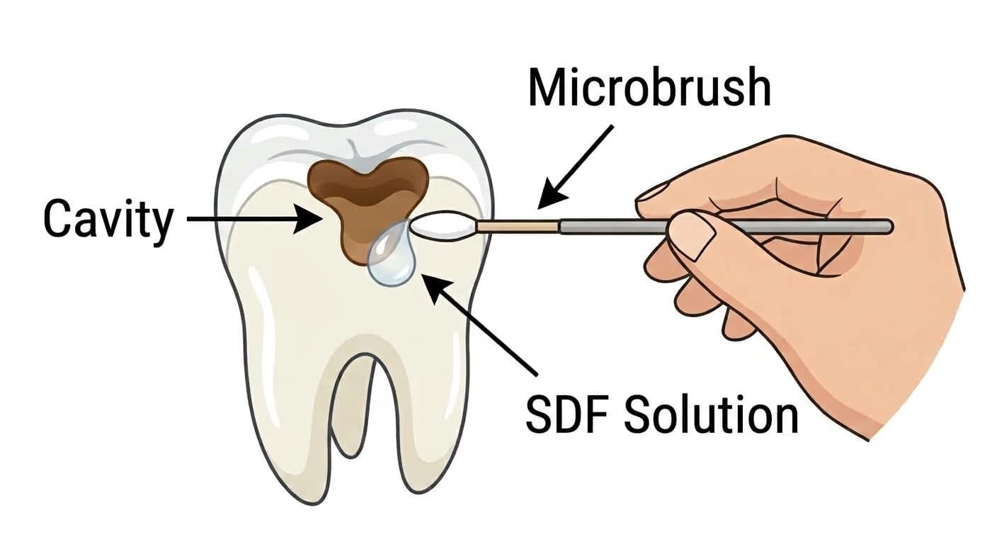 A microbrush applying silver diamine fluoride (SDF) solution into a cavity