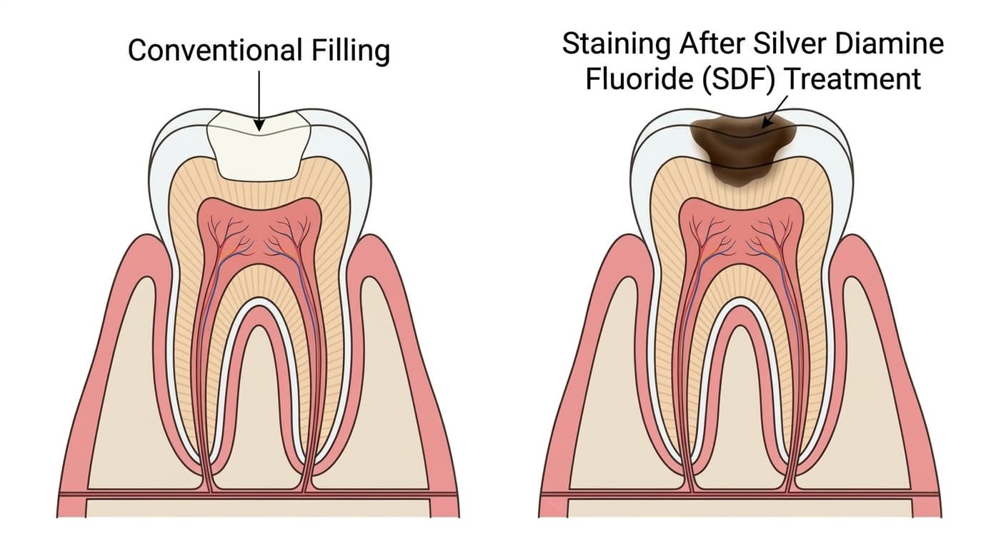 A cross-section comparing a tooth treated with a conventional filling to one darkly stained by SDF treatment