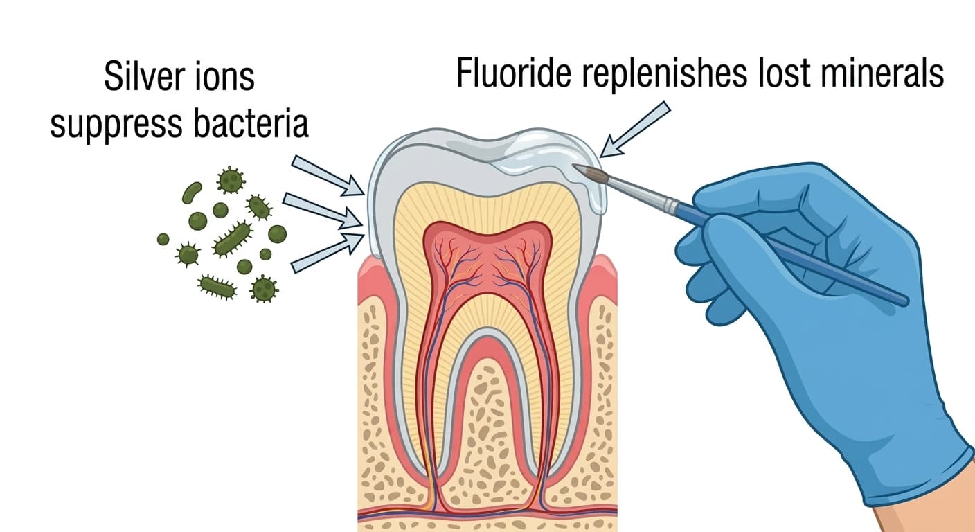 Illustration of a hand applying the solution to a tooth surface, with arrows showing silver ions suppressing bacteria and fluoride replenishing lost minerals.