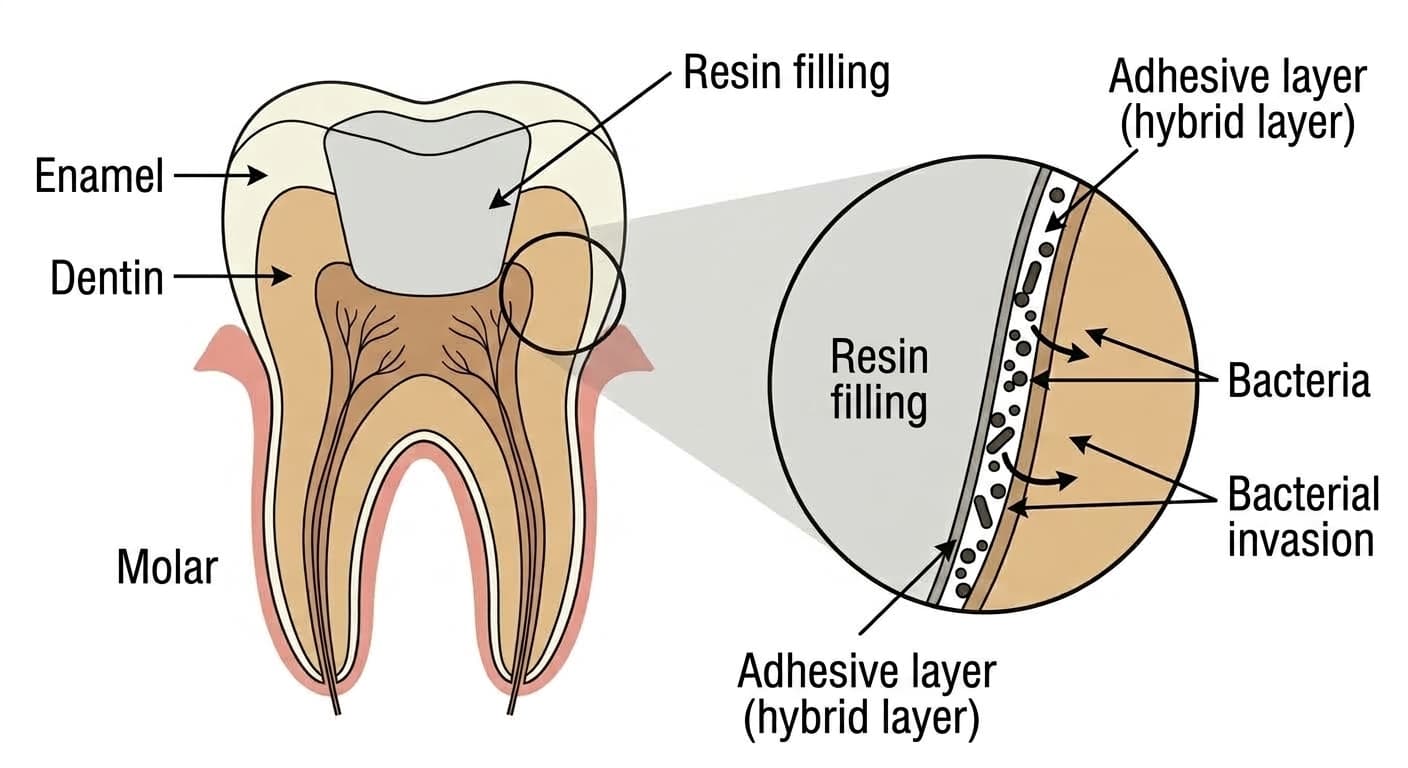 Conceptual diagram showing bacteria penetrating through cracks in the adhesive layer (hybrid layer) between a resin filling and the tooth
