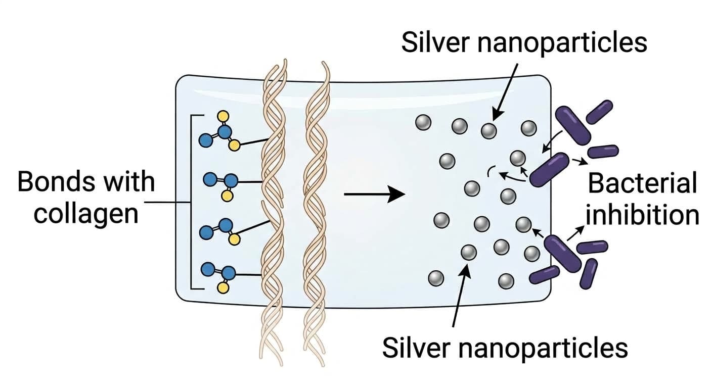 Conceptual diagram showing how the new adhesive works. The left side shows a component chemically bonding with collagen, and the right side shows silver nanoparticles inhibiting bacteria