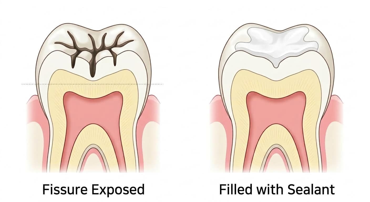A cross-section comparing a molar's chewing-surface groove left exposed versus filled with sealant