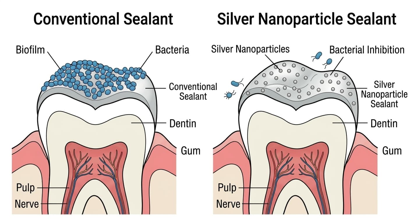 A conceptual diagram comparing bacteria forming a biofilm on a conventional sealant's surface with reduced bacteria on a silver nanoparticle sealant's surface