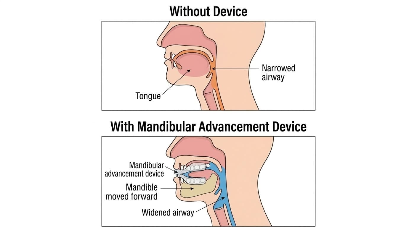 Side-view comparison of the airway without a device and while wearing a mandibular advancement device. With the device, the lower jaw and tongue move forward, widening the airway.