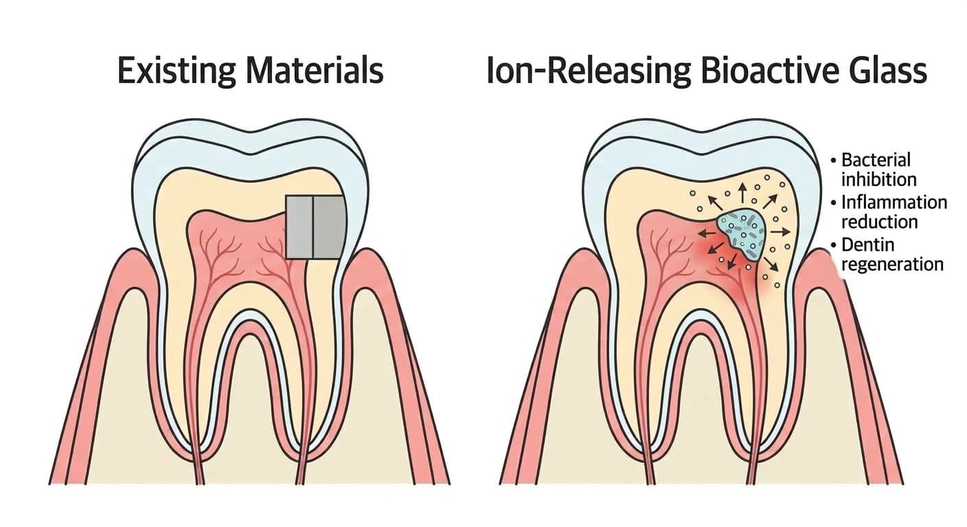 A cross-sectional tooth diagram comparing how existing materials simply seal the exposed pulp, while ion-releasing bioactive glass spreads signals for bacterial inhibition, inflammation reduction, and dentin regeneration all at once