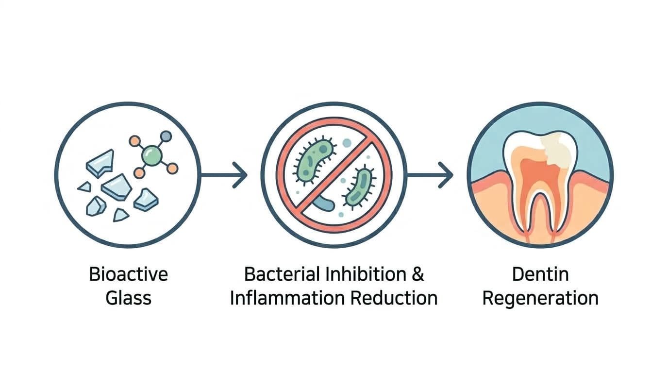 A flowchart showing three stages: ions released from bioactive glass, leading to bacterial inhibition and inflammation reduction, and finally to dentin regeneration