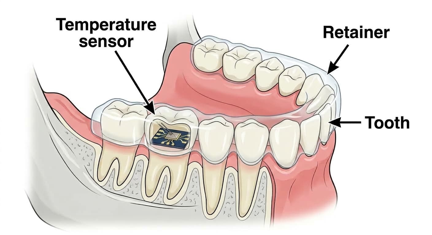 Cross-section illustration showing a temperature sensor embedded inside a retainer detecting whether it is being worn on the teeth