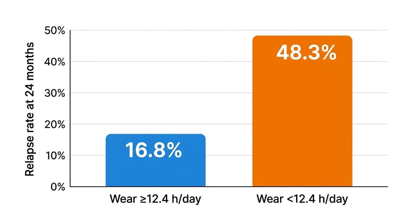 Bar chart comparing the 24-month relapse rate between two groups split at 12.4 hours of daily wear. The group wearing 12.4 hours or more had a 16.8% relapse rate, versus 48.3% for the group wearing less