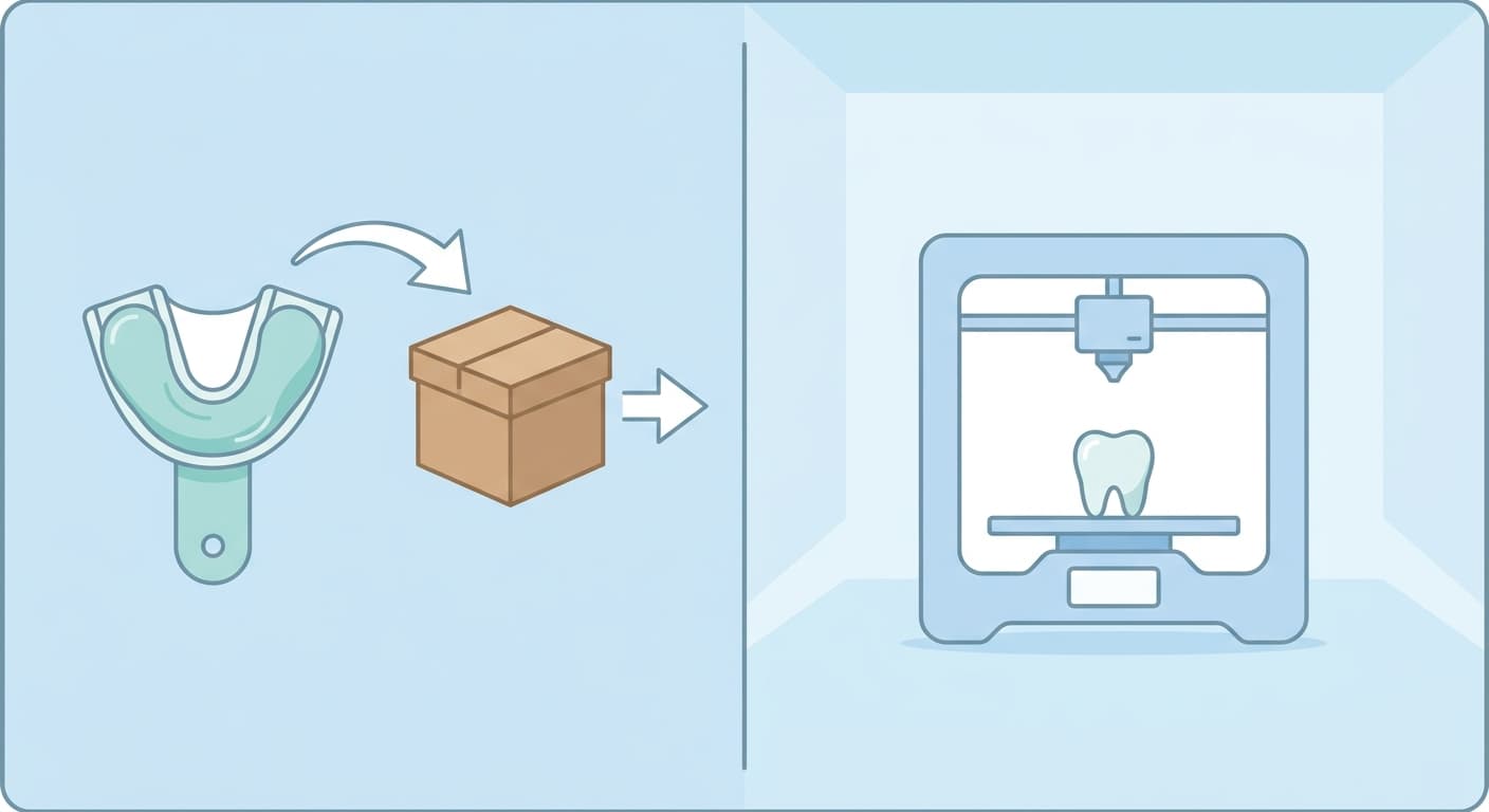 On the left, a dental impression tray and a shipping box are shown; on the right, a chairside printer is shown producing a tooth-shaped object
