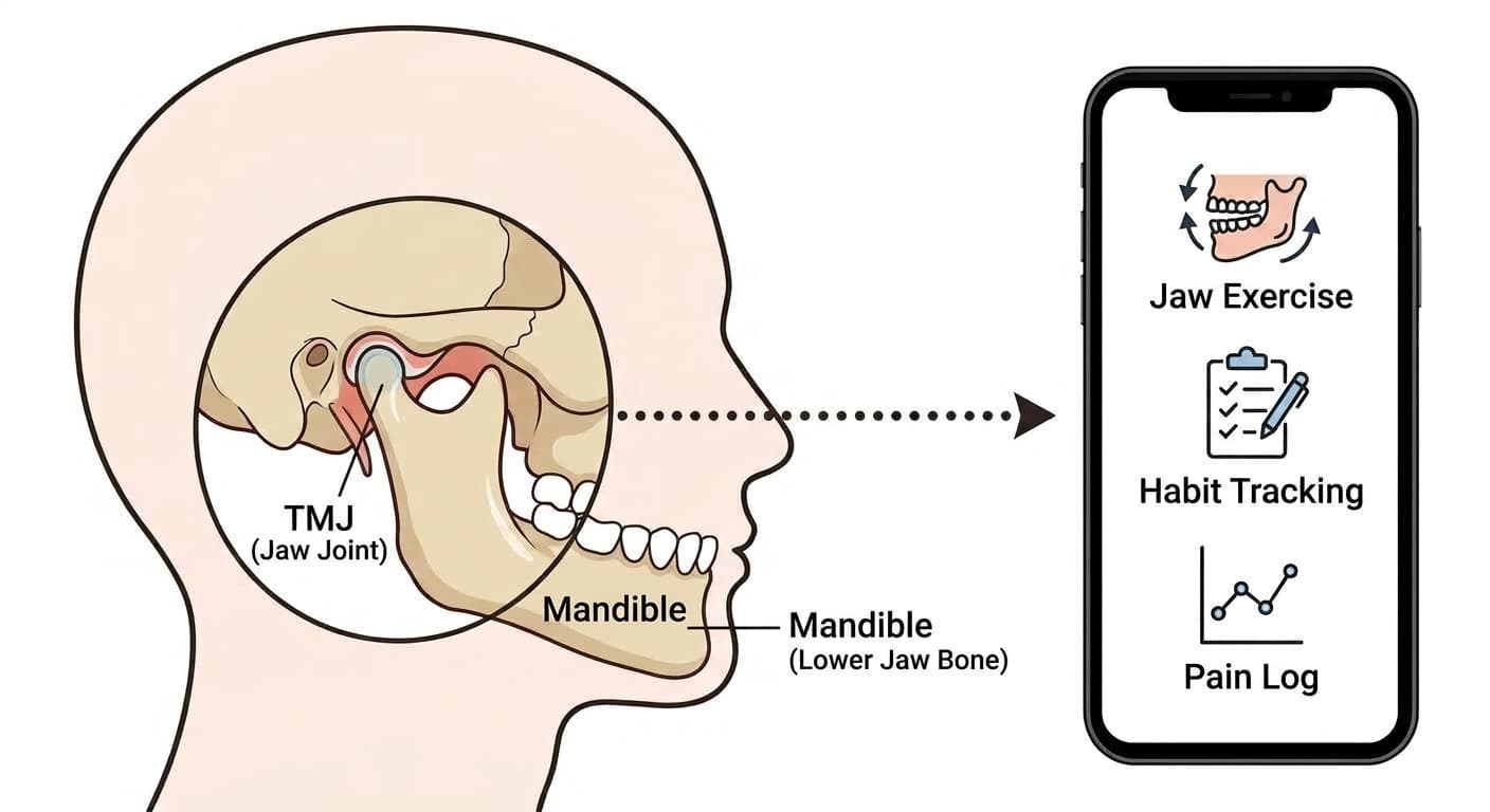 A close-up illustration of the jaw joint alongside a smartphone app screen showing jaw exercise, habit tracking, and pain log features