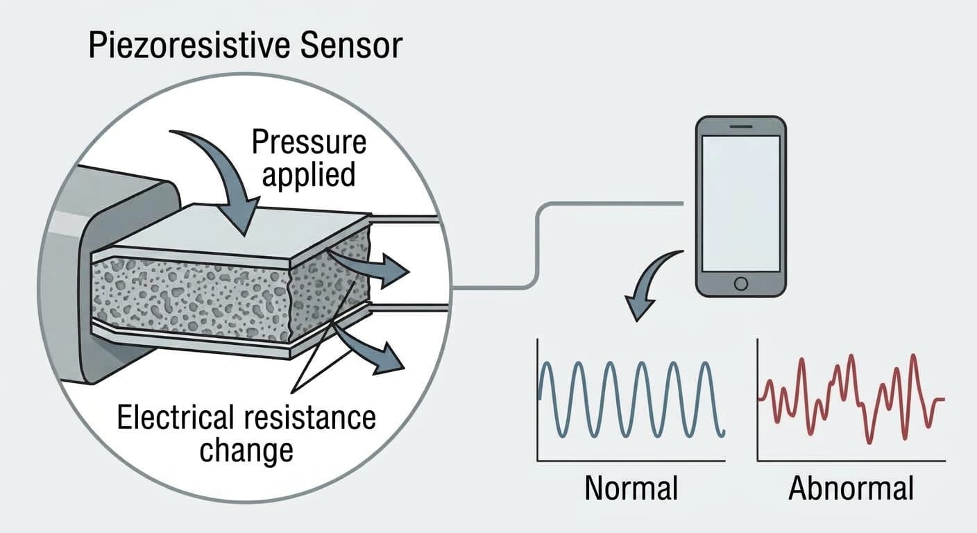 The process by which pressure on the piezoresistive sensor material changes its electrical resistance, splitting the signal into distinct waveforms for normal and abnormal movement