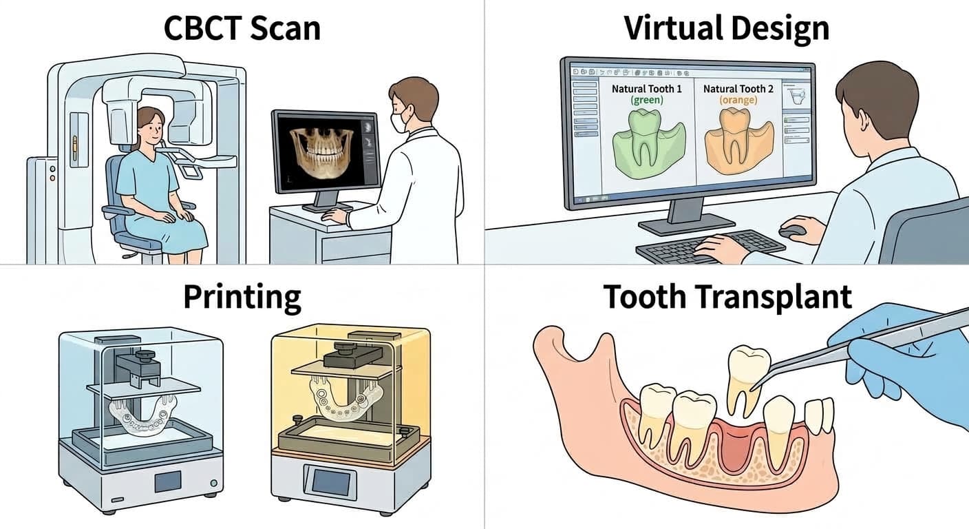 The four-step process of overlaying CBCT and intraoral scanner data to virtually design the socket, then transplanting the tooth with a 3D-printed guide