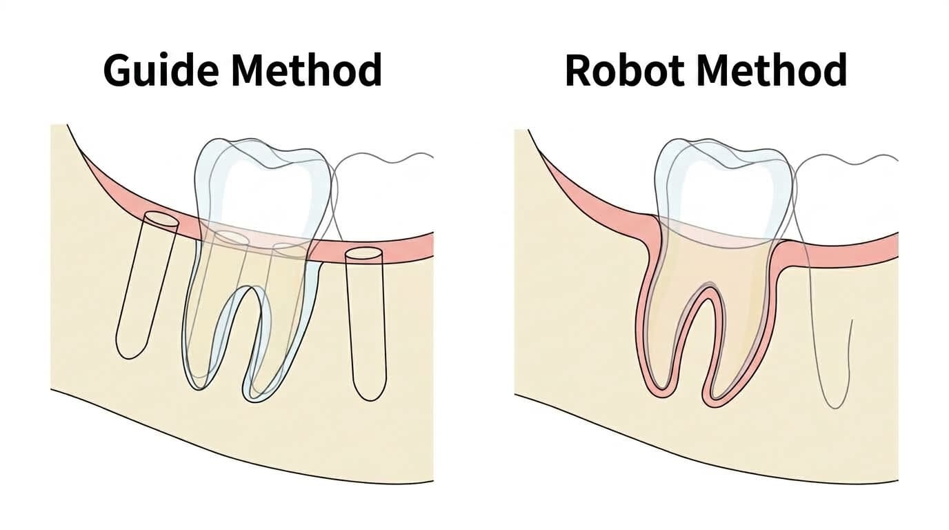A side-by-side comparison of a robot-cut socket that follows the tooth root's cross-section smoothly and a guide-cut socket that leaves cylindrical holes with large gaps between the roots