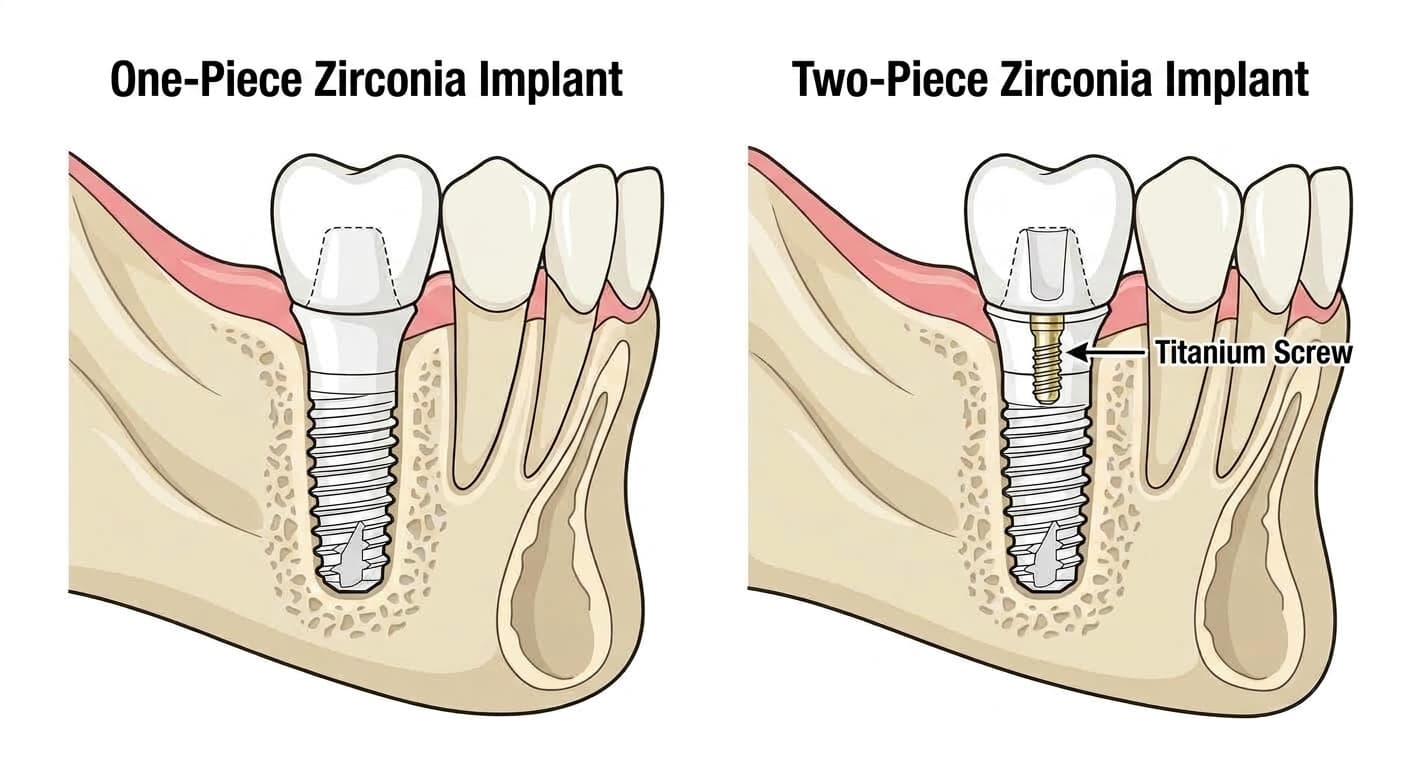 Comparison of the structure of one-piece and two-piece zirconia implants. The two-piece design fits a titanium screw inside the ceramic body to secure the crown.