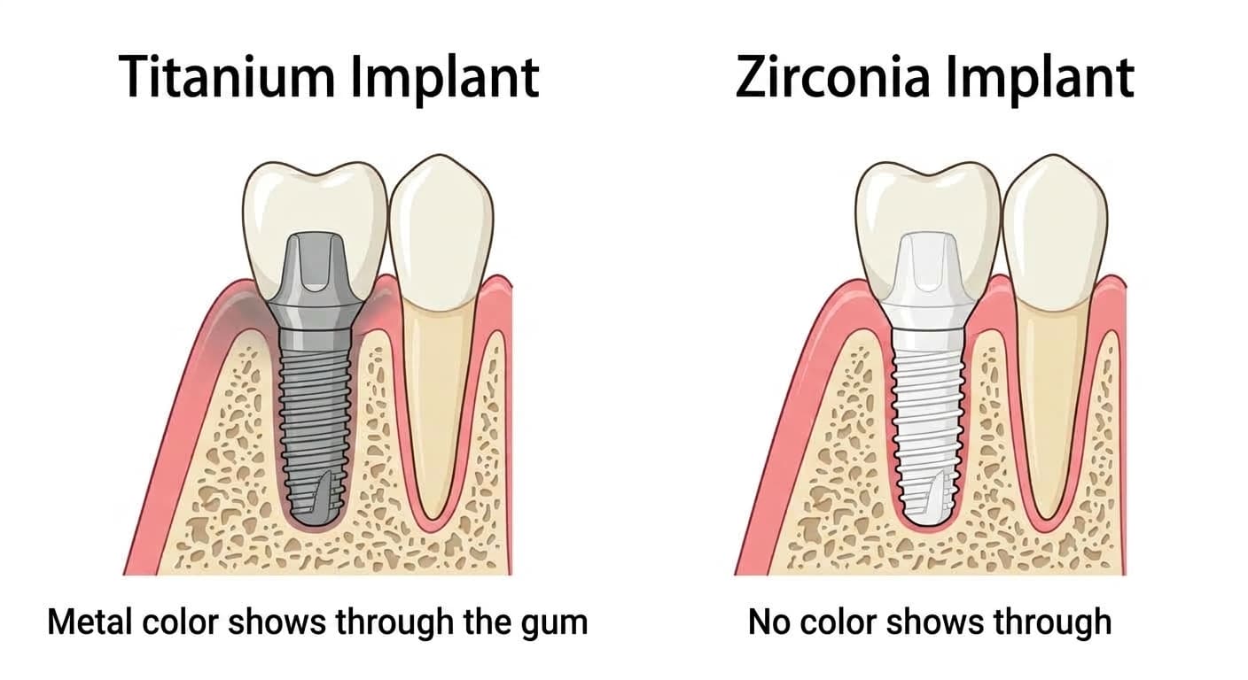 Illustration comparing how much metal color shows through when titanium and zirconia implants are placed under thin gum tissue. Titanium shows a metallic color through the gum, while zirconia shows none.