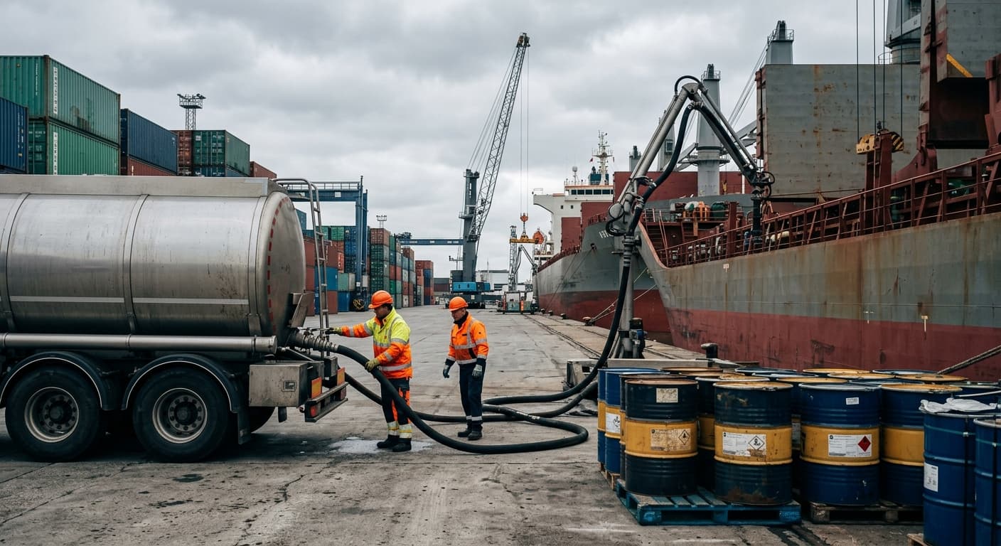 A tanker truck and cargo ship connected by hoses at a port, transferring liquid chemicals