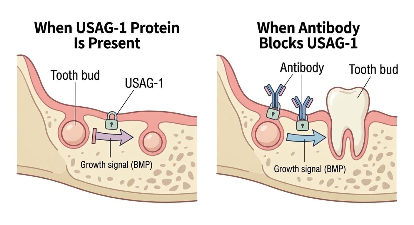 Illustration comparing how the USAG-1 protein blocks tooth bud growth signals with how an antibody neutralizes USAG-1 to let the tooth bud grow again