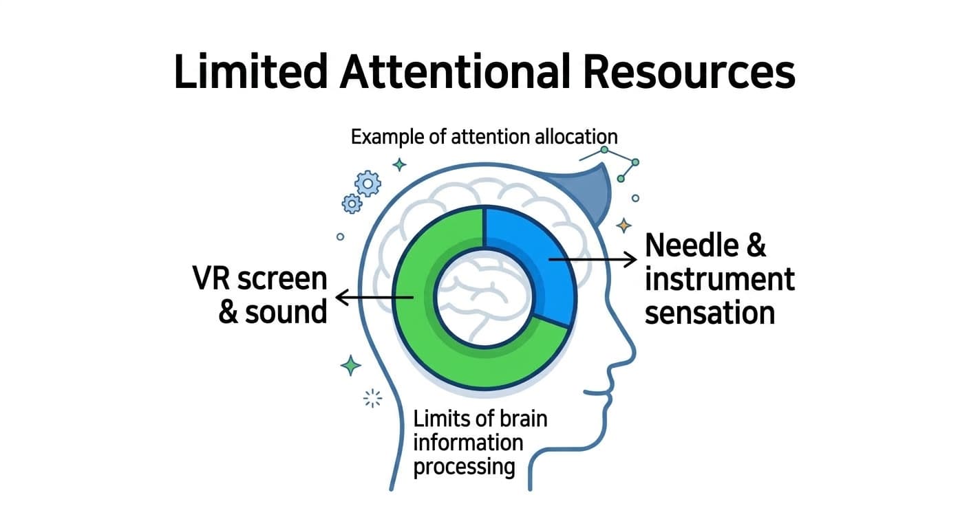A donut chart illustration showing that because the brain's attentional resources are limited, the more attention spent on the virtual reality screen and sound, the less attention remains for the sensation of the needle and instruments
