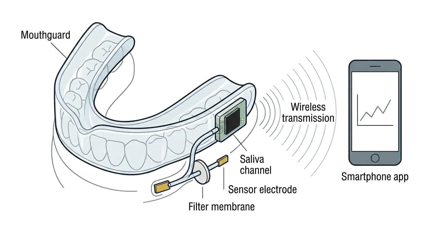 Structure showing the sensor electrode and filter membrane embedded in the mouthguard, through which saliva passes before values are wirelessly transmitted to a smartphone
