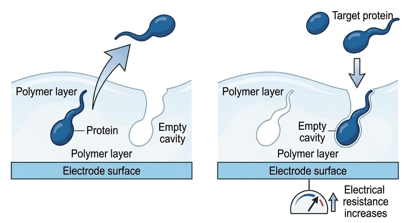 Process in which the target protein leaves the polymer layer on the electrode, leaving an empty cavity behind, and electrical resistance increases when the same protein lodges back into it