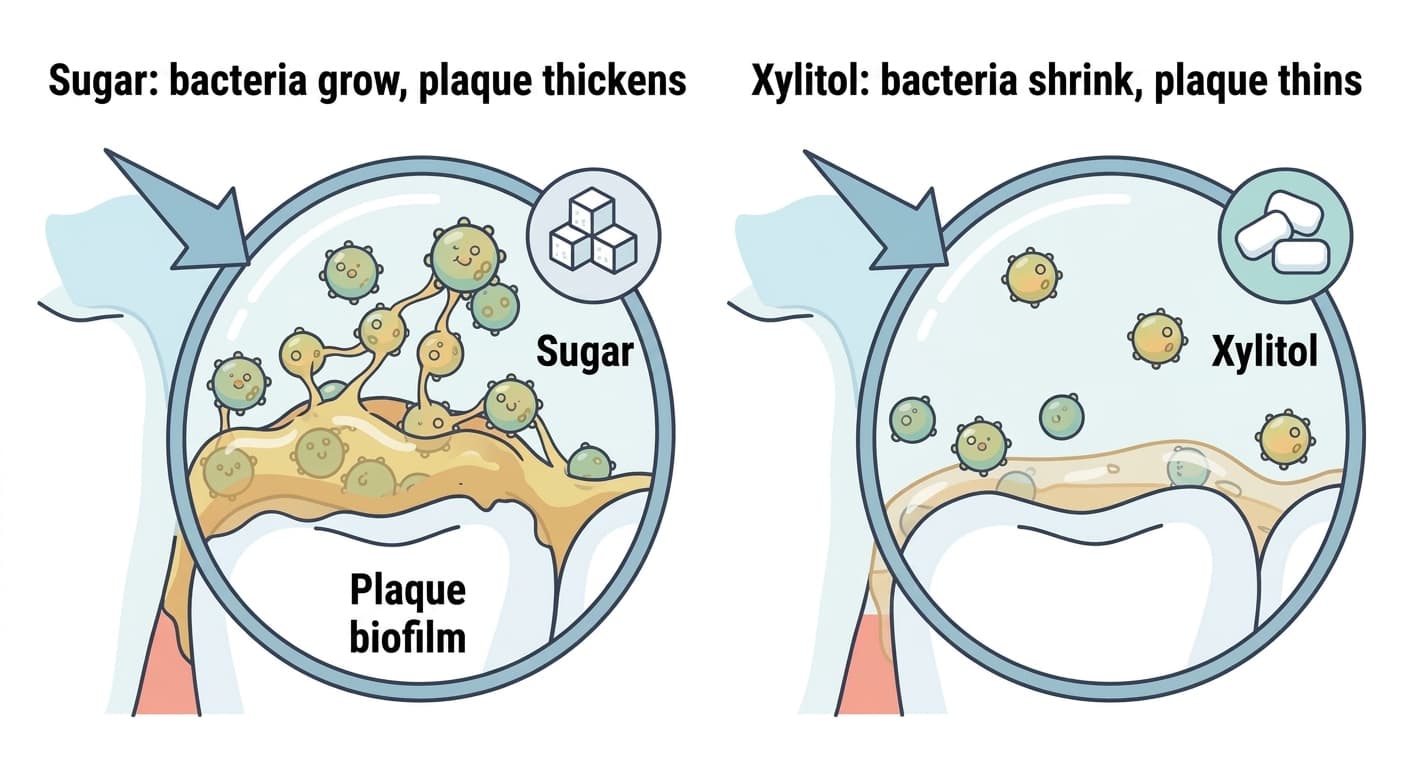 Diagram comparing how sugar feeds bacteria and thickens plaque, while xylitol reduces bacteria and thins plaque