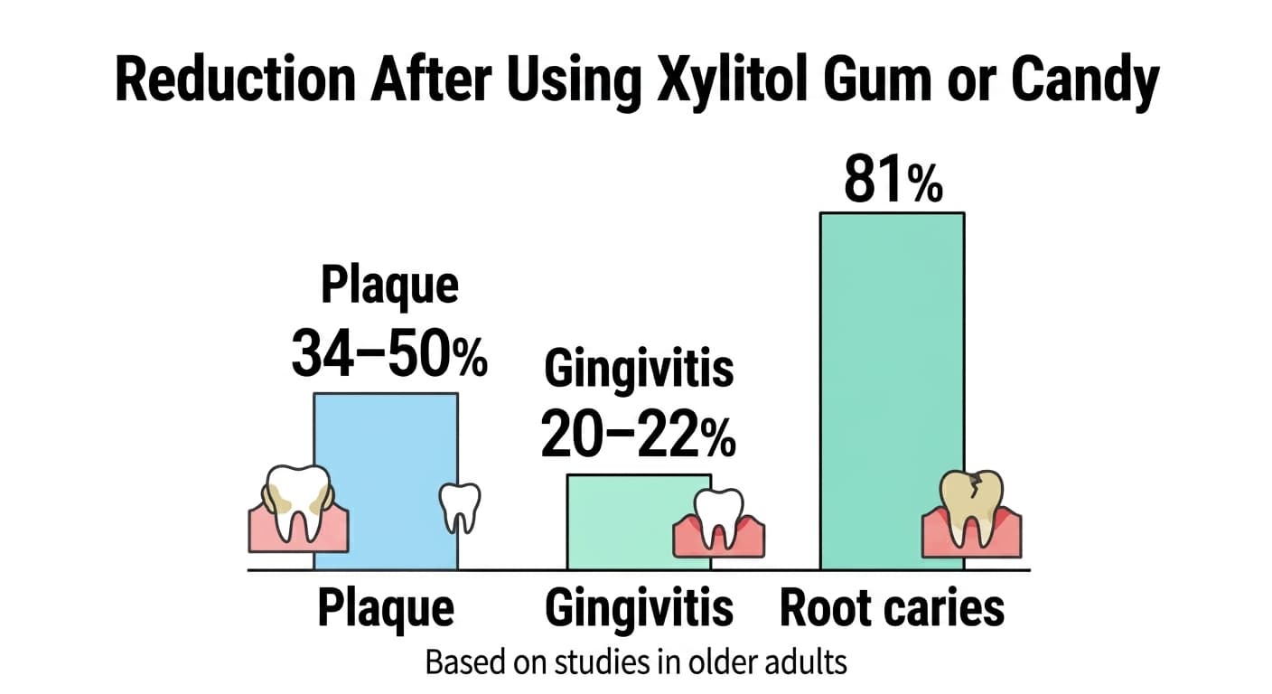 Bar chart showing plaque down 34-50%, gingivitis down 20-22%, and root caries down 81% after using xylitol gum or candy in studies of older adults