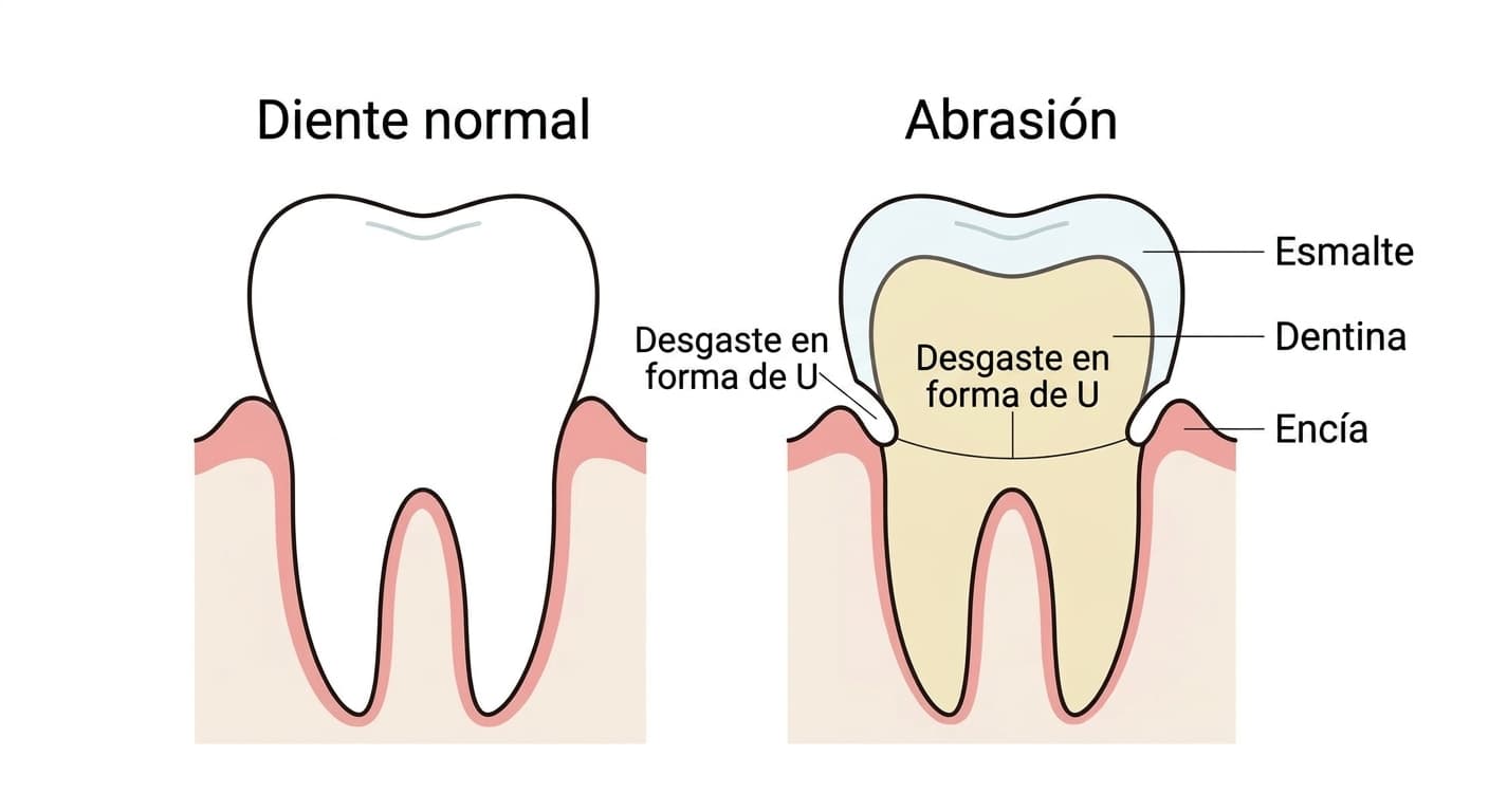 Comparación del corte transversal entre un diente normal y un diente con abrasión. El diente con abrasión muestra un desgaste poco profundo en forma de U en la zona cervical