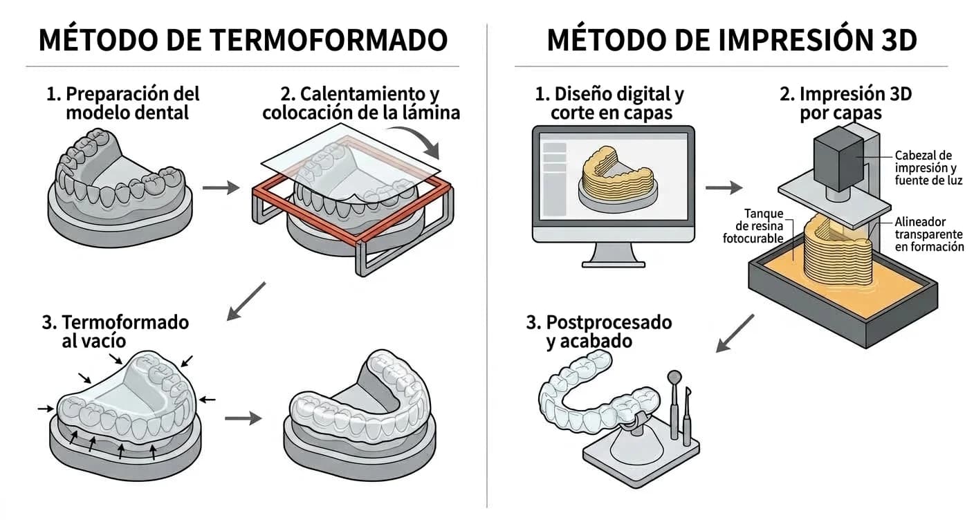 Ilustración que muestra en tres pasos el método de termoformado, que presiona una lámina sobre un modelo dental, y el método de impresión 3D, que apila resina en capas