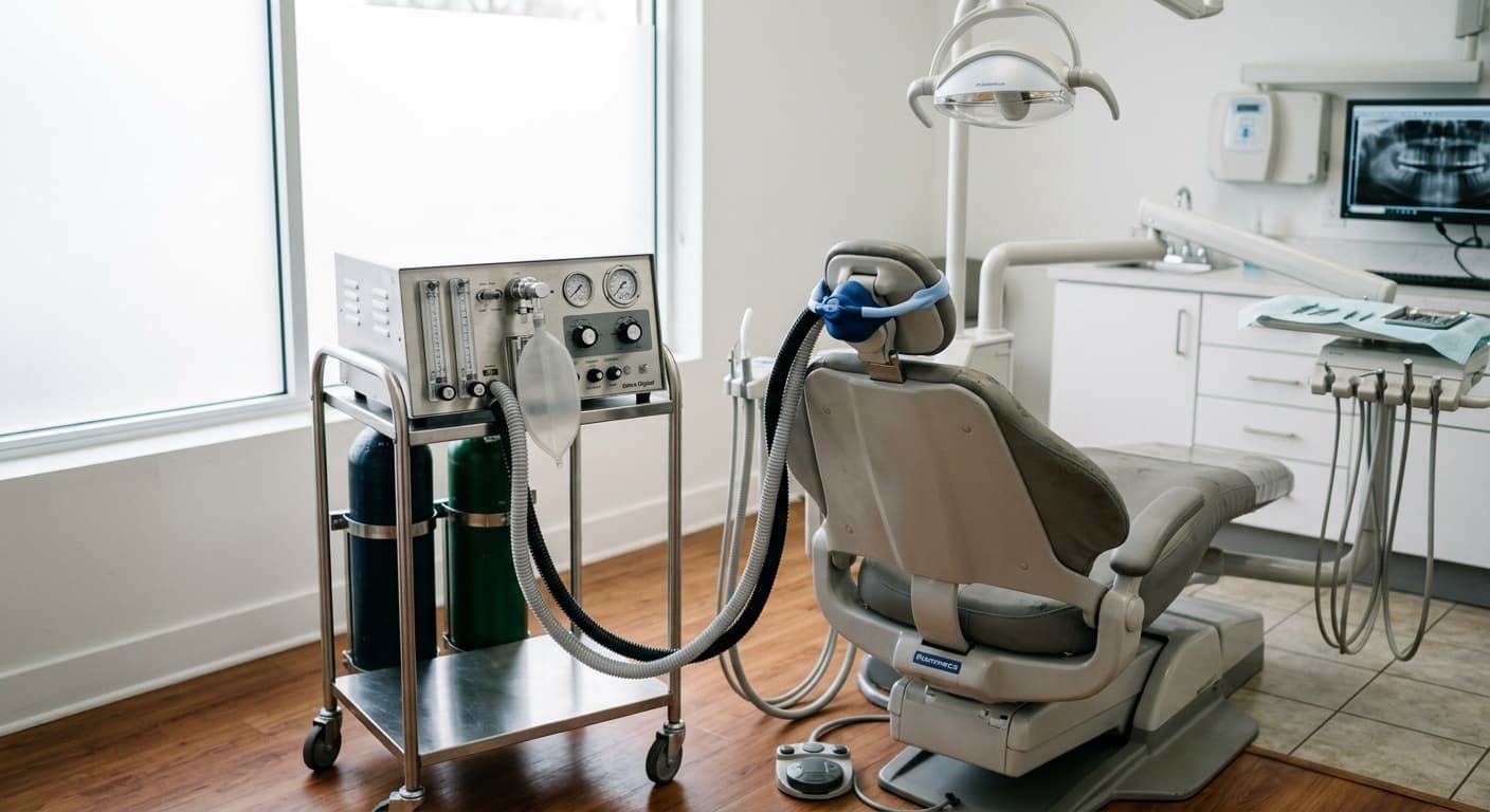 Dispositivo de sedación con óxido nitroso, mascarilla nasal y sillón dental en un consultorio odontológico