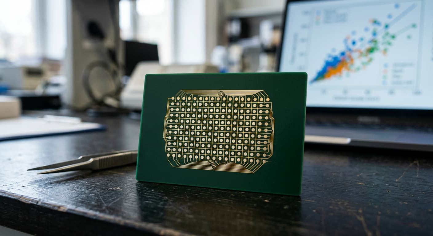 Un chip verde con nanosensores dispuestos en forma de cuadrícula está sobre una mesa de laboratorio junto a unas pinzas, con un gráfico de datos borroso de fondo